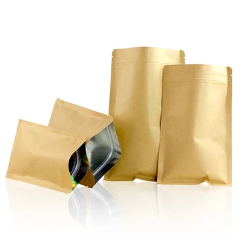 100шт Плоская фольга из Крафт-бумаги Внутри пакета с застежкой-молнией, закрывающаяся для закусок, Кофе, Сахарная пудра, Фасоль, Соль, Термосвариваемые Упаковочные пакеты