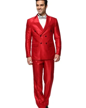 2022 Костюм Homme Атласные Мужские Свадебные Костюмы Красный Мужской Блейзер Брюки 2шт Куртка Брюки Жених Женихи Одежда на заказ 0