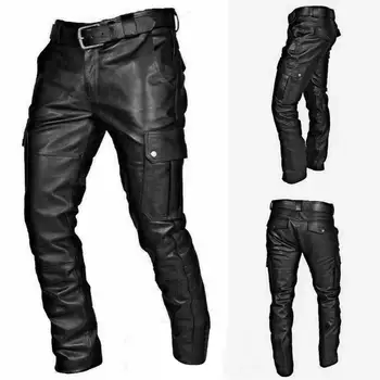 2023 Новые мужские брюки Текстурированные брюки Кожаные брюки с карманами для рабочего костюма Модные мужские брюки Кожаные брюки