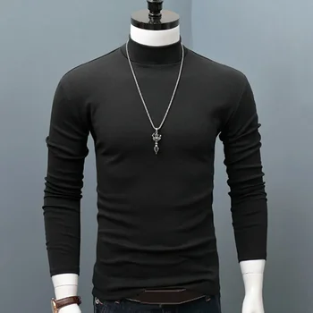 B941 Горячая зима, Теплая Мужская Базовая однотонная футболка с имитацией шеи, Блузка, Пуловер, Топ с длинным рукавом, мужская верхняя одежда, приталенная эластичная мода
