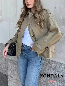 KONDALA Шикарная уличная одежда цвета хаки Y2K, крутая женская короткая куртка, мода 2023, повседневная рубашка с длинным рукавом и карманом на одной пуговице, верхняя одежда 0