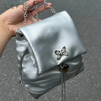 LEFTSIDE 2023 Серебряный рюкзак с пряжкой-бабочкой, маленький рюкзак из искусственной кожи, женские дорожные сумки на цепочке для подростков, рюкзаки для девочек 0