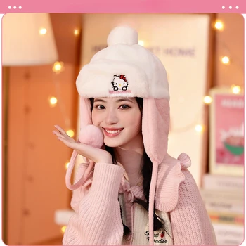 Sanrio Hello Kitty My Melody Cinnamoroll Плюшевая Шапка Утепленная Зимняя Защита С Мультяшным Принтом В Стиле Принцессы Подарок На День Рождения