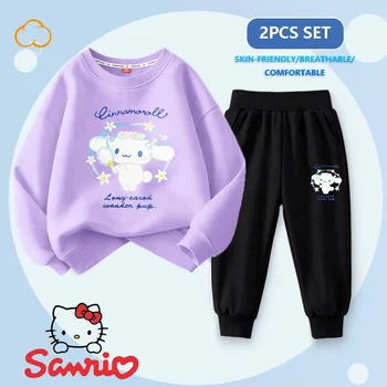 Sanrio Детская спортивная одежда, комплект из 2 предметов, Kawaii Cinnamoroll, весенне-осенняя повседневная толстовка с капюшоном, брюки, одежда для милых девочек