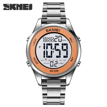 SKMEI люксового серебро нержавеющая сталь часы для женщин для мужчин многофункциональный водонепроницаемый спортивный браслет цифровые наручные часы 0