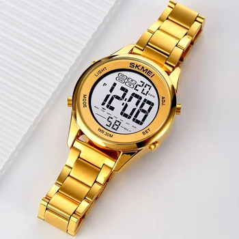 SKMEI люксового серебро нержавеющая сталь часы для женщин для мужчин многофункциональный водонепроницаемый спортивный браслет цифровые наручные часы 1
