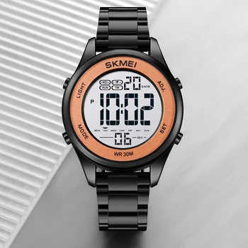 SKMEI люксового серебро нержавеющая сталь часы для женщин для мужчин многофункциональный водонепроницаемый спортивный браслет цифровые наручные часы 2