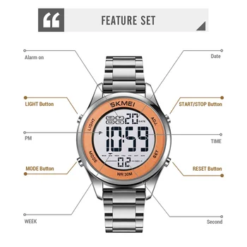 SKMEI люксового серебро нержавеющая сталь часы для женщин для мужчин многофункциональный водонепроницаемый спортивный браслет цифровые наручные часы 4
