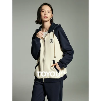 Toyouth Женское пальто с капюшоном, зимний контрастный рукав Реглан, Свободные плюшевые толстовки, элегантный дизайн, повседневная теплая Универсальная верхняя одежда