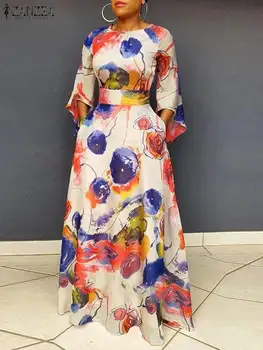 ZANZEA, женские длинные халаты Оверсайз, винтажное платье Макси с принтом, праздничная мода, праздничное платье трапециевидной формы с рукавом 3/4, стянутым на талии рукавом, 0