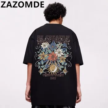 ZAZOMDE/ Новое Летнее повседневное платье в стиле ретро с мультяшным буквенным принтом, Модная Повседневная футболка большого размера, Мужская футболка с цветочным принтом, футболка