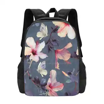 Бабочки И Цветы Гибискуса-Нарисованный Узор Дизайн Сумки Студенческий рюкзак Цветочные Цветы Гибискус Цветет
