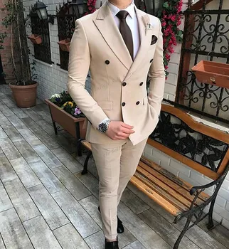 Бежевый мужской костюм, 2 предмета, двубортный вырез с лацканами, Приталенный повседневный смокинг для свадьбы, блейзер, брюки 0
