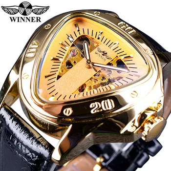 Ведущий бренд Winner в стиле стимпанк, треугольные часы с золотым скелетоном, Таинственные мужские автоматические механические наручные часы
