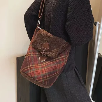 Винтажная сумка Xiuya, большая вместительная плюшевая сумка через плечо с клетчатым принтом, свежая модная простая сумка в стиле харадзюку 2