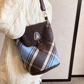 Винтажная сумка Xiuya, большая вместительная плюшевая сумка через плечо с клетчатым принтом, свежая модная простая сумка в стиле харадзюку 3