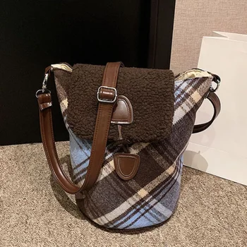 Винтажная сумка Xiuya, большая вместительная плюшевая сумка через плечо с клетчатым принтом, свежая модная простая сумка в стиле харадзюку 4