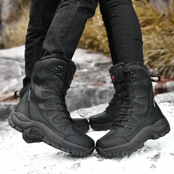 Водонепроницаемые кожаные мужские ботинки, уличные нескользящие рабочие ботинки, армейские ботинки для пустыни, мотоциклетные ботинки, зимние теплые плюшевые меховые зимние ботинки 0
