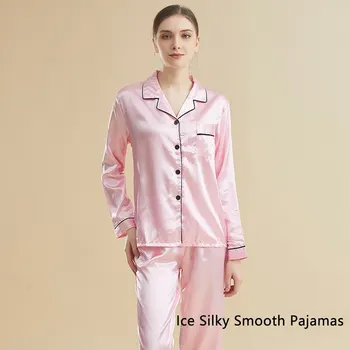 Женская пижама Ice Silky, пижамы, ночное белье, Розовые, черные, L, XL, XXL, Рубашка и брюки с длинными рукавами, Однотонные Повседневные Гладкие