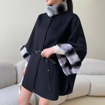 Женское зимнее кашемировое пальто из натуральной шерсти, модное пончо с воротником из меха кролика Рекс, верхняя одежда SL6293