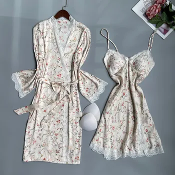 Женское кружевное атласное Кимоно, платье-халат, Сексуальный халат с цветочным принтом, Комплекты для сна, пижамы