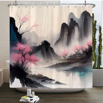 Занавеска для ванной в китайском стиле с чернильным пейзажем, занавеска для душа, перегородка для ванной комнаты, водонепроницаемые занавески для душа с крючками
