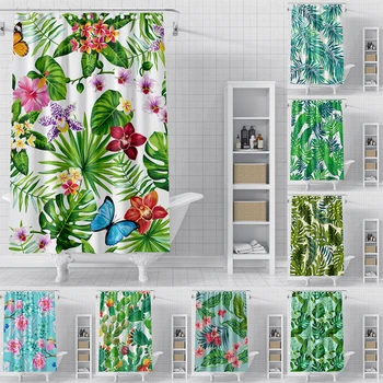 Занавеска для душа с принтом тропических листьев, 3D водонепроницаемые занавески для ванной из полиэстеровой ткани, занавеска для ванной с крючками, украшение для дома 0