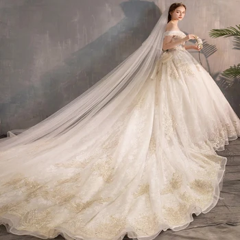 Изысканное Vestido De Noiva С вырезом лодочкой и бусинами Нестандартных размеров, Свадебные платья 2023 Для женщин, Роскошное бальное платье с большим бантом сзади 0