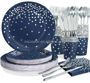 Королевские синие и золотые тарелки и салфетки, принадлежности для вечеринок, темно-синие Одноразовые бумажные тарелки, Набор посуды с тарелками, чашками и салфетками
