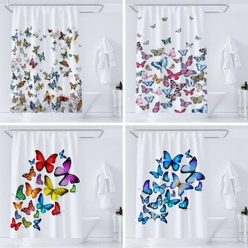 Красивые занавески для душа с бабочками, акварельные, в стиле Бохо, цветочные, водонепроницаемые, Morden, Занавески для ванной, декор комнаты с крючками