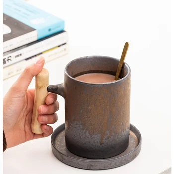 Креативная керамическая Кофейная кружка, стакан, покрытый ржавой глазурью, с деревянной ручкой, чашка для чая, молока, пива, воды, посуда для домашнего офиса, 600 мл