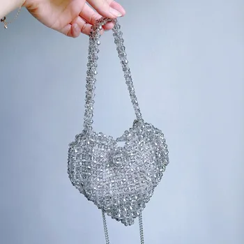Маленькая вечерняя сумочка в форме серебряного сердца Роскошного дизайна, женская сумочка ручной работы из акрила, расшитая бисером, модный тренд, сумка через плечо, женская 0