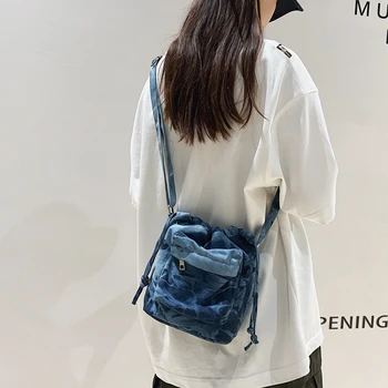 Маленькая джинсовая женская сумка с завязками на завязках, джинсовая сумка через плечо, холщовая сумка-мессенджер Y2K, эко-сумка для Корейских покупателей Сумка-ранец