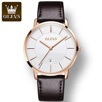 Модные мужские часы с ремешком из натуральной кожи OLEVS 5869, водонепроницаемые высококачественные изысканные Японские кварцевые мужские наручные часы с календарем 0