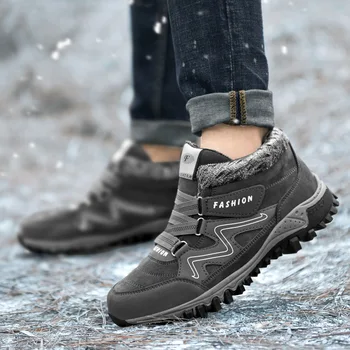 Мужские ботинки Зимние уличные плюшевые теплые мужские замшевые ботильоны, водонепроницаемые нескользящие мужские зимние ботинки, мужская рабочая обувь для пеших прогулок большого размера