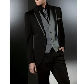 Мужские костюмы-тройка (куртка + брюки + жилет), Комплект из Черного Приталенного Однобортного костюма Hombre С зубчатым лацканом 0