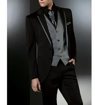 Мужские костюмы-тройка (куртка + брюки + жилет), Комплект из Черного Приталенного Однобортного костюма Hombre С зубчатым лацканом 2