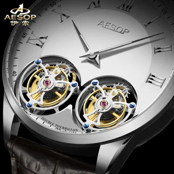 Мужские часы AESOP Luxury Tourbillon с двойным скелетоном, сапфировое стекло, мужские механические наручные часы, водонепроницаемая светящаяся натуральная кожа