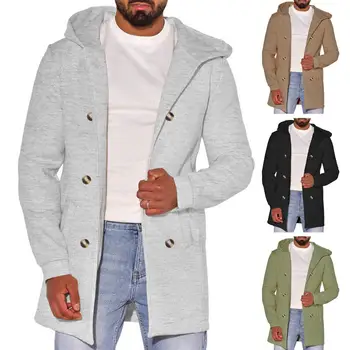 Мужское двубортное пальто, Толстое Теплое Мужское Двубортное пальто с капюшоном и карманами, Кардиган средней длины Свободного кроя на осень