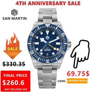 Наручные часы San Martin 39mm Dive Watch класса люкс GMT NH34 с автоматическим механизмом, механические часы с керамическим безелем из сапфирового стекла 316L