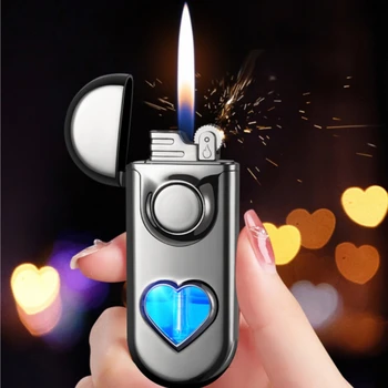 НОВОЕ металлическое овальное окошко в форме сердца с колесиком зажигания, Ветрозащитная газовая зажигалка с двойным пламенем, индивидуальный Креативный подарок на День Святого Валентина