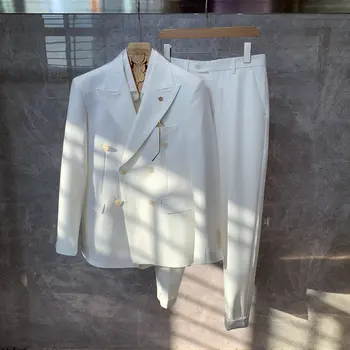Новое поступление 2022 года, мужской однотонный костюм, комплект из двух предметов, мужские двубортные повседневные блейзеры Slim Fit с лацканами для свадьбы H244 0