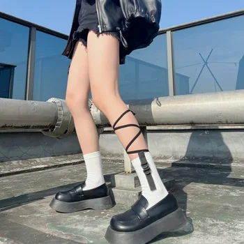 Носки, женская учебная одежда, европейская и американская стильная девушка, панк, черно-белые носки на ремешках, функциональные японские сладости 1