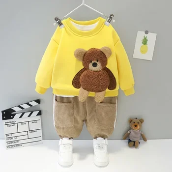 Осенний комплект одежды для маленьких мальчиков и девочек, плюшевый теплый свитер и вельветовые брюки, костюм из 2 предметов, спортивный костюм с вышивкой Медведя для малышей