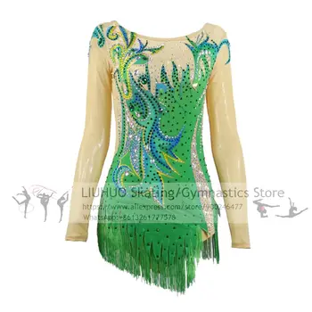 Платье для фигурного катания, женское зеленое платье для катания на коньках, соревнования по художественной гимнастике, Танцевальное трико, художественный костюм