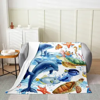 Пушистое одеяло с дельфином Kawaii, Милое океанское животное, Фланелевое флисовое одеяло для дивана, детская морская черепаха на весь сезон