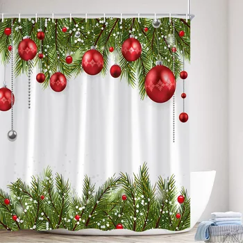 Рождественская занавеска для душа, красные Рождественские шары, Зеленые Сосновые ветки, Зимние Снежинки, Новогодний декор домашней занавески для ванной комнаты, подвешенный на стену