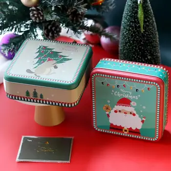 Рождественская Квадратная коробка для печенья, Квадратные контейнеры для хранения из жести, Многоцелевые Праздничные пустые формочки для конфет, шоколадного печенья и др. 0