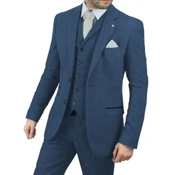 Синий мужской костюм из 3 предметов, однобортный жакет с вырезанным воротником-лацканом, деловое повседневное приталенное пальто, бальное мужское свадебное платье 0