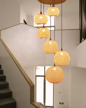 Современный подвесной светильник из бамбуковой ткани, минималистичный круглый шар, светильник ручной работы для лестниц, Декор для гостиной, спальни, Люстра E27